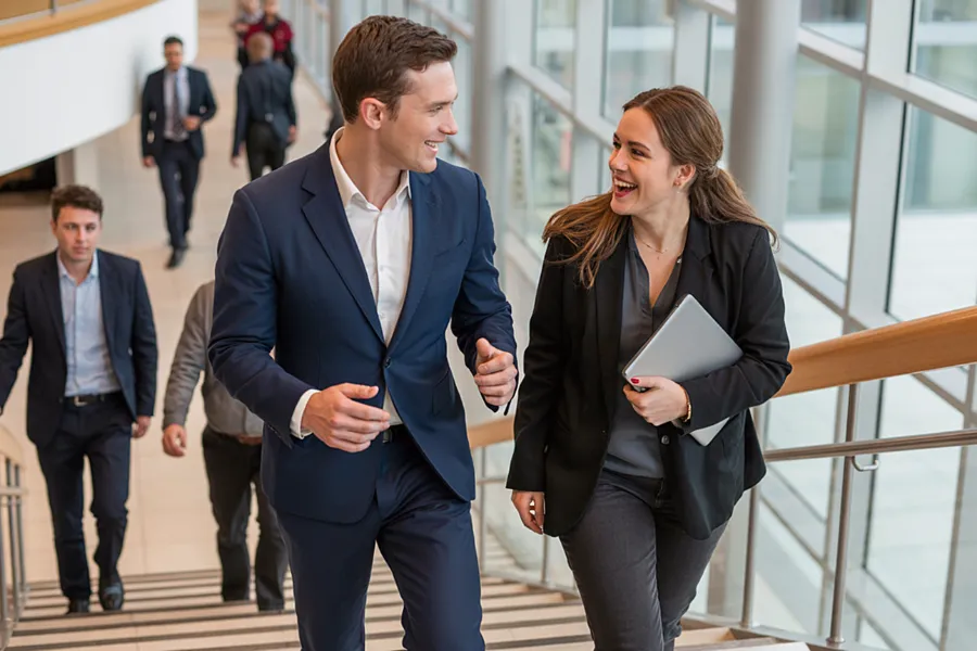 Two co-workers talking while walking up stairs in an office building